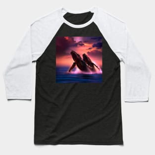 Humpback Whales Breaching at Dramatic Sunset Baseball T-Shirt